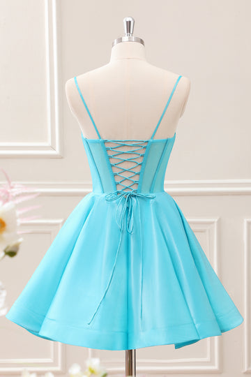 Cute Glitter Blue A Line Spaghetti Straps Corset Mini Dress with Beading